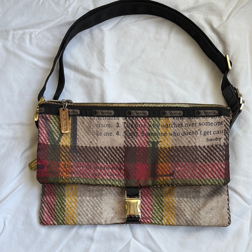 L.A.M.B. For Lesportsac Plaid Foldover Clutch with Black Strap and Gold Hardware
